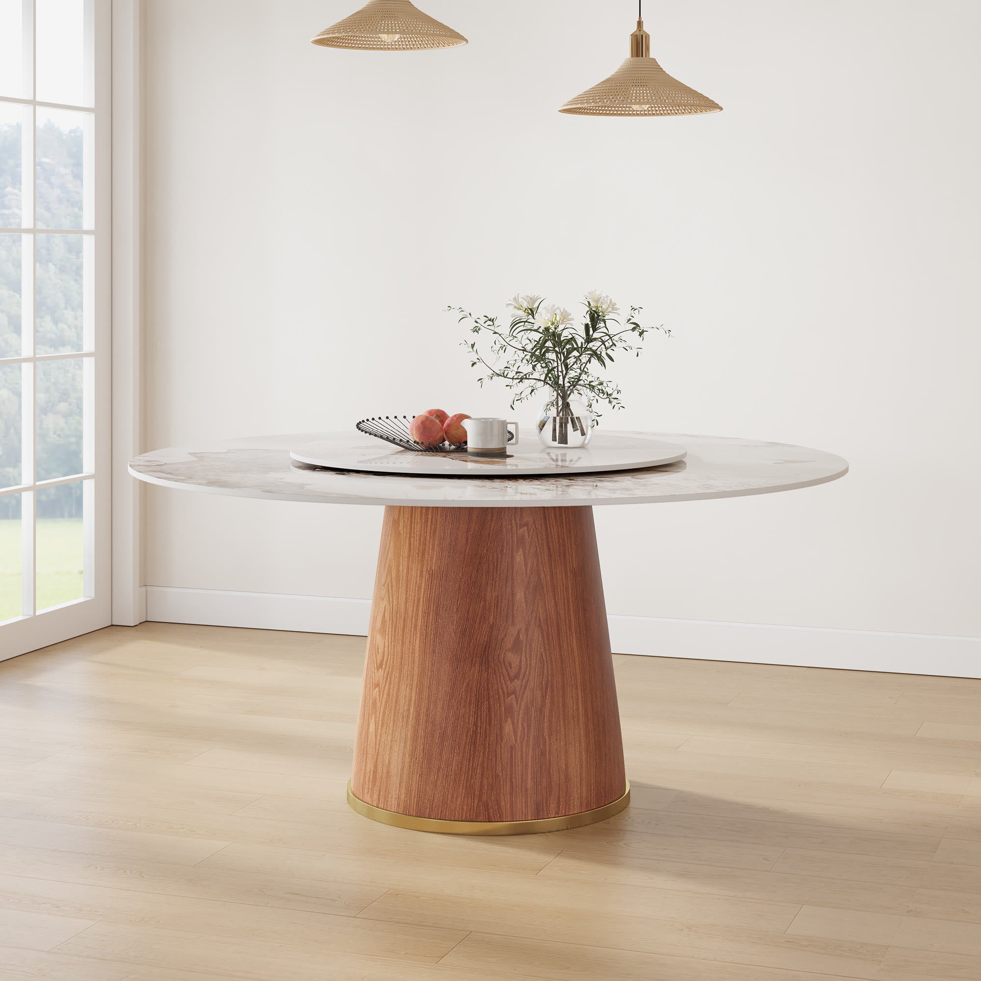 Calen Walnut Solid Wood Pedestal Round Dining Table With Lazy Susan - Pandora - Removable Lazy Susan - 59" Table - image 8
