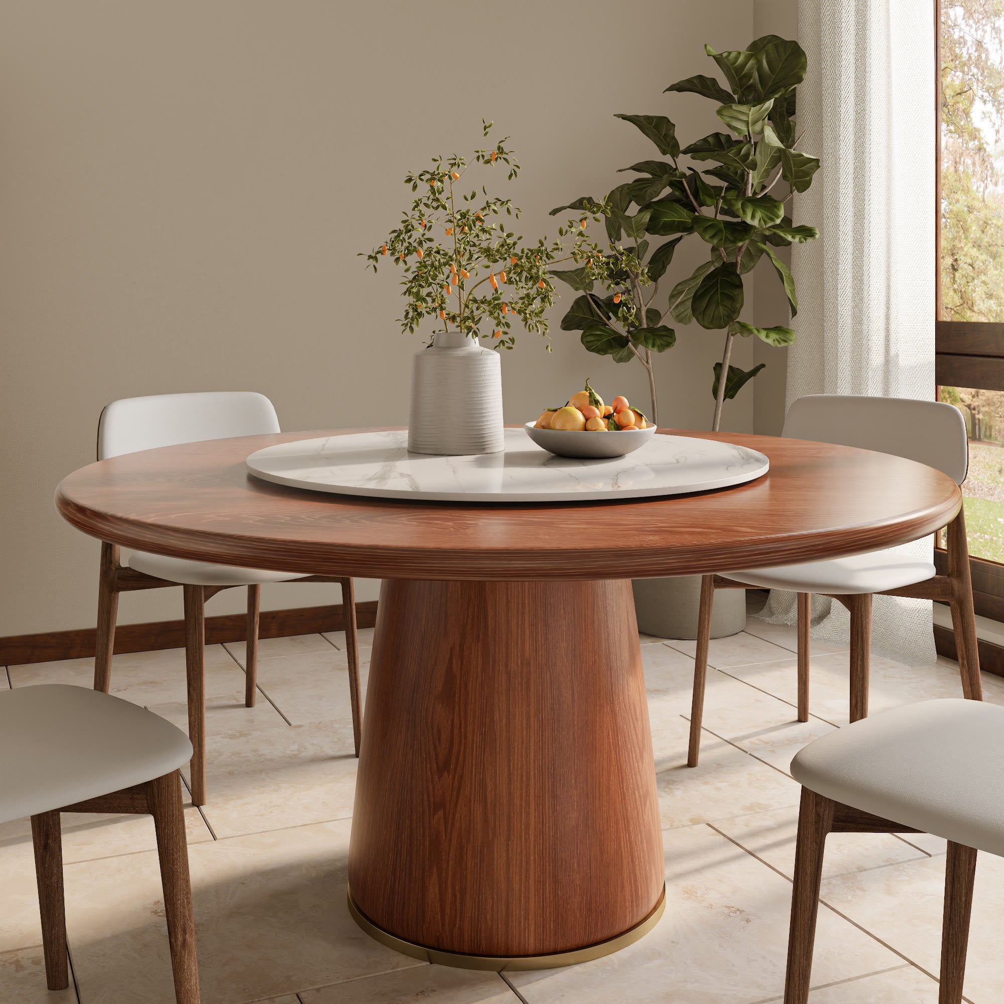 Calen Walnut Solid Wood Pedestal Round Dining Table With Lazy Susan - Walnut with Snowy White - Removable Lazy Susan - 59" Table - image 16
