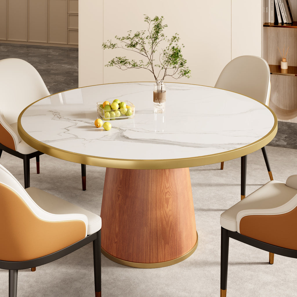 Calen Walnut Solid Wood Pedestal Round Dining Table  - Snowy White With Metal Ring - With Metal Ring - 59" Table - image 51