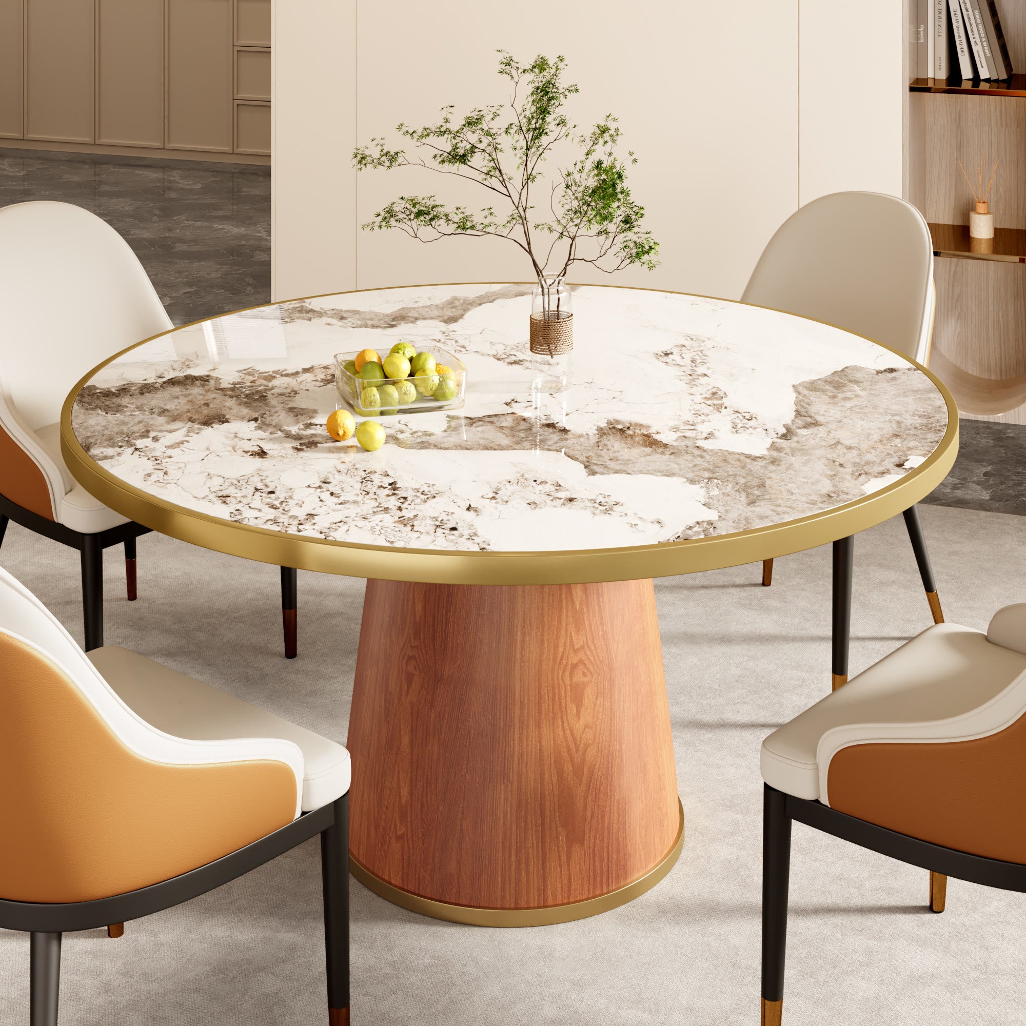 Calen Walnut Solid Wood Pedestal Round Dining Table  - Pandora With Metal Ring - With Metal Ring - 59" Table - image 43
