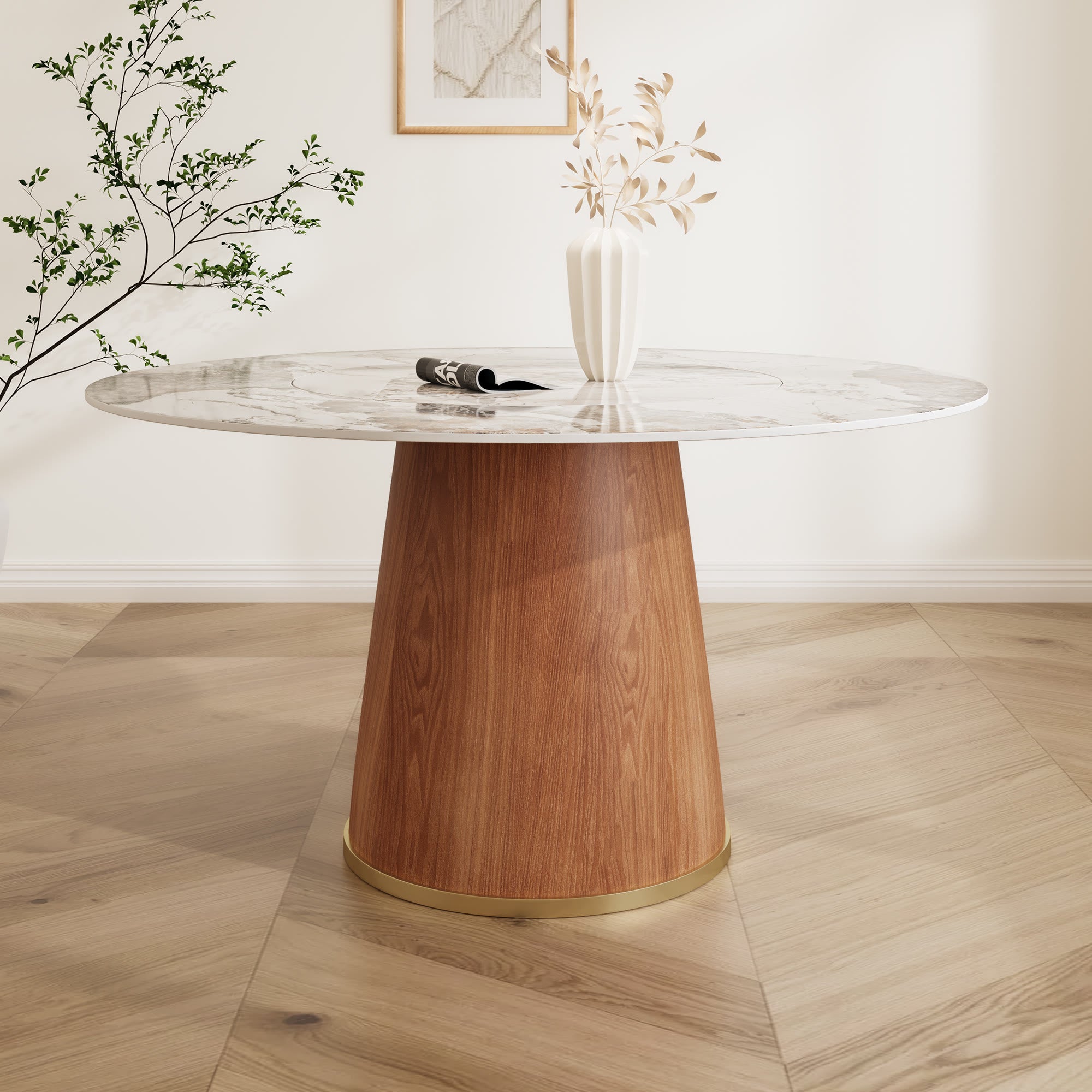 Calen Walnut Solid Wood Pedestal Round Dining Table With Lazy Susan - Pandora - Built-in Lazy Susan - 53" Table - image 39