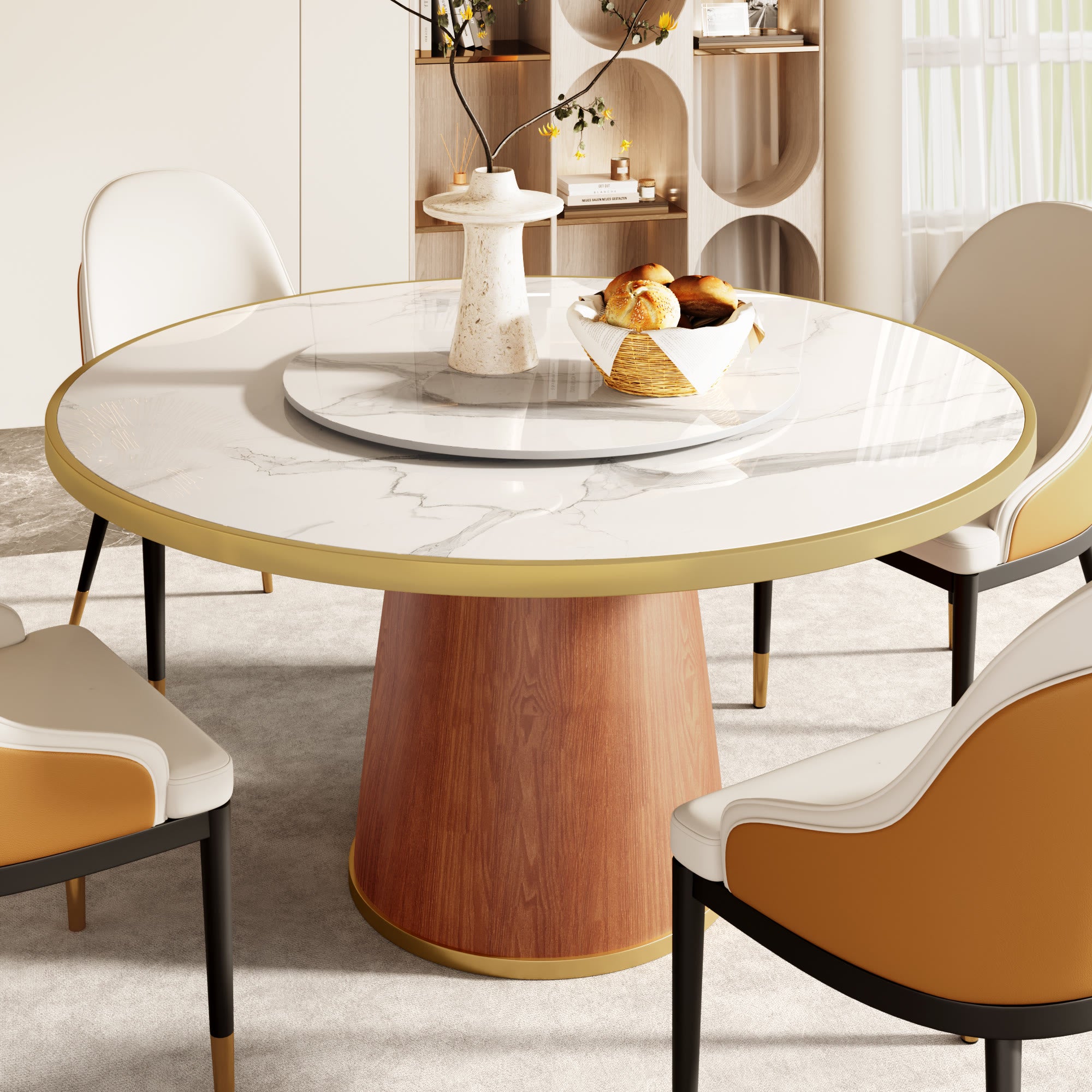 Calen Walnut Solid Wood Pedestal Round Dining Table With Lazy Susan - Snowy White With Metal Ring - Removable Lazy Susan - 59" Table - image 46