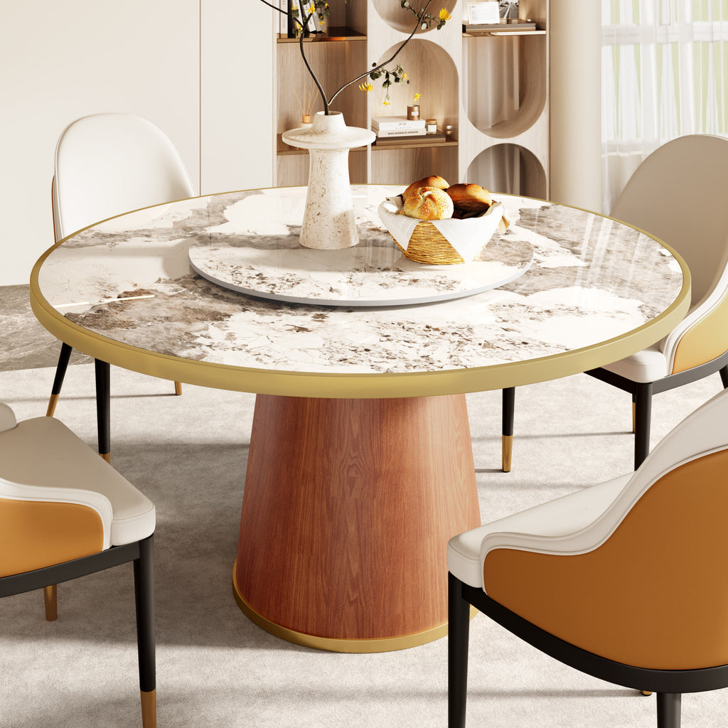 Calen Walnut Solid Wood Pedestal Round Dining Table With Lazy Susan - Pandora With Metal Ring - Removable Lazy Susan - 59" Table - image 54
