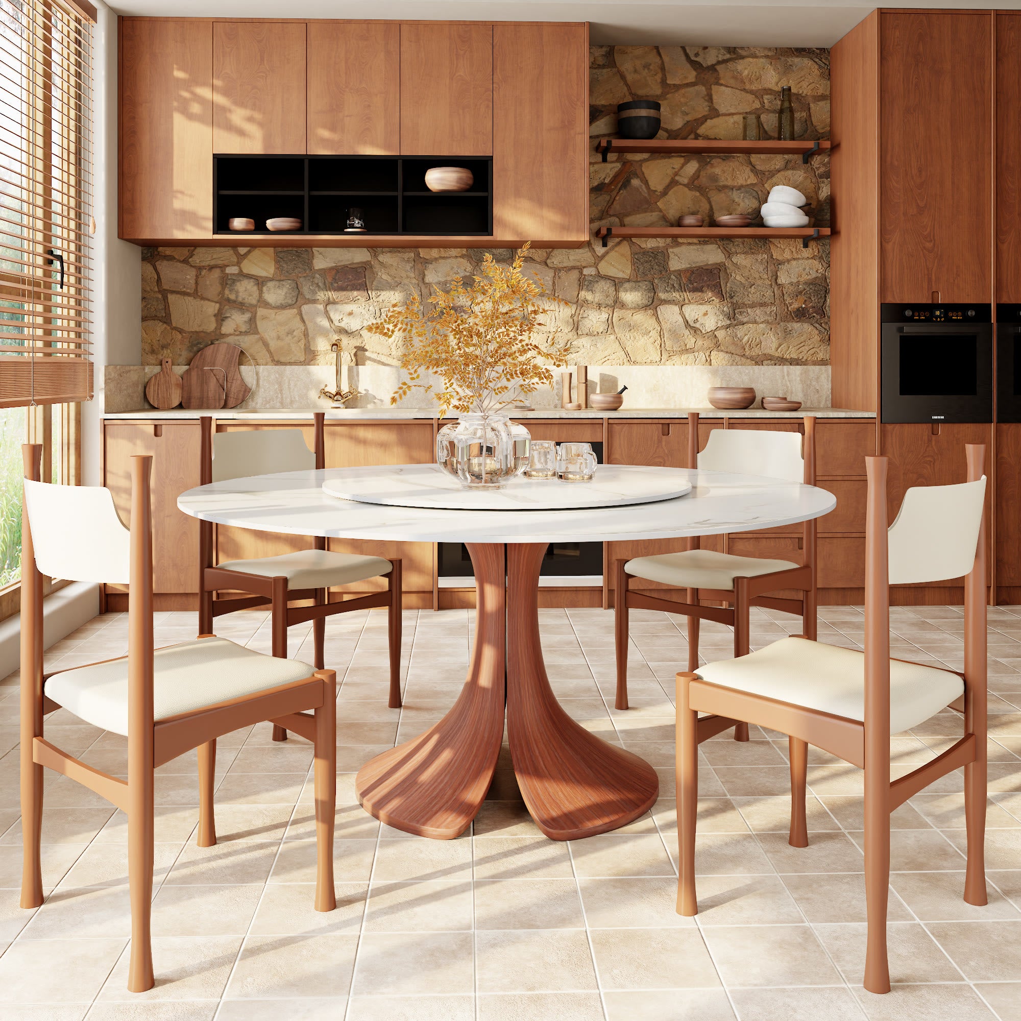 Calyx Red Walnut Solid Wood Pedestal Round Dining Table  - image 33