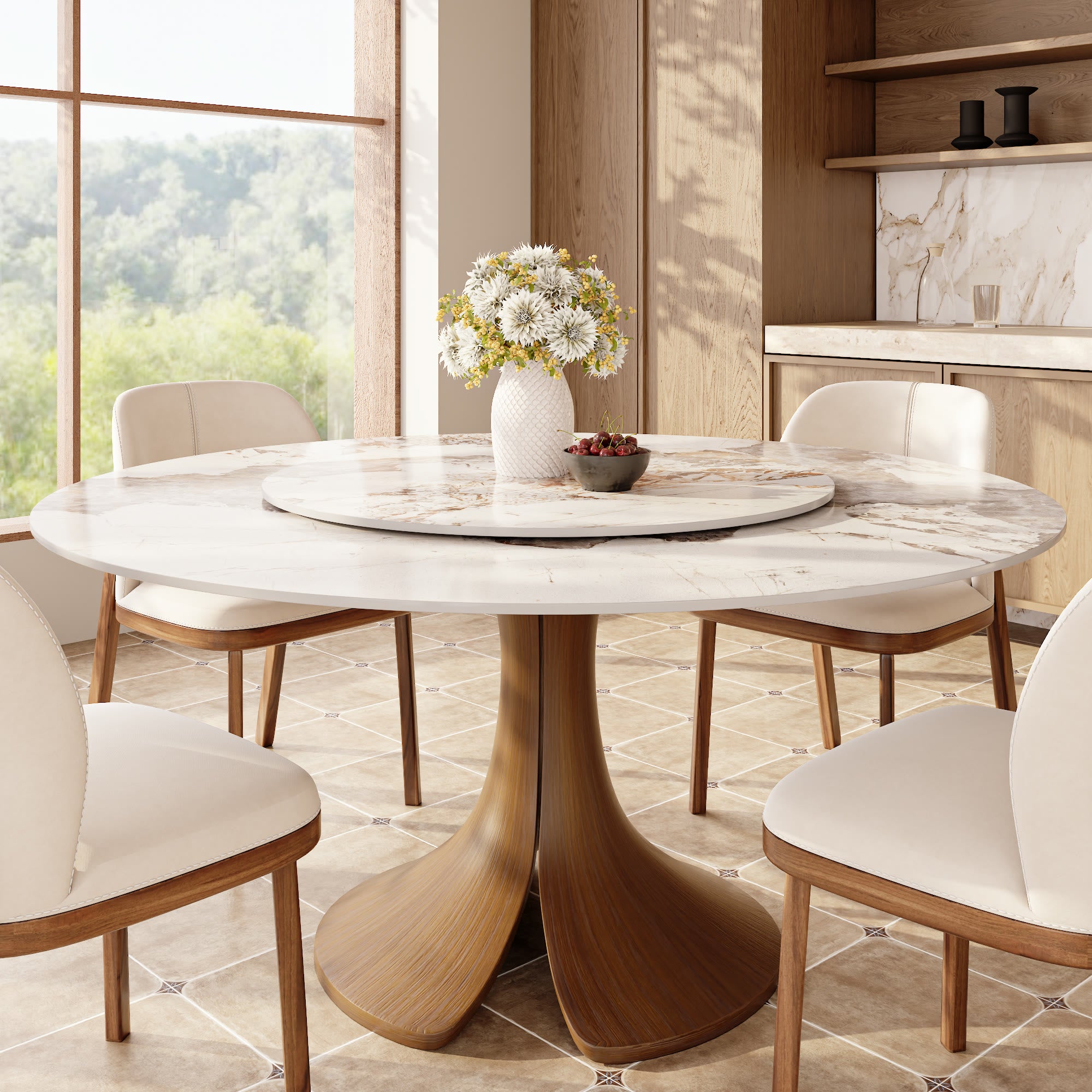 Calyx Dark Walnut Solid Wood Pedestal Round Dining Table  - Pandora - 59" Table - with Lazy Susan - image 36