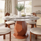 Prisma Red Walnut Solid Wood Geometric Pedestal Round Dining Table  - Snowy White - 59" Table - with Lazy Susan - image 28