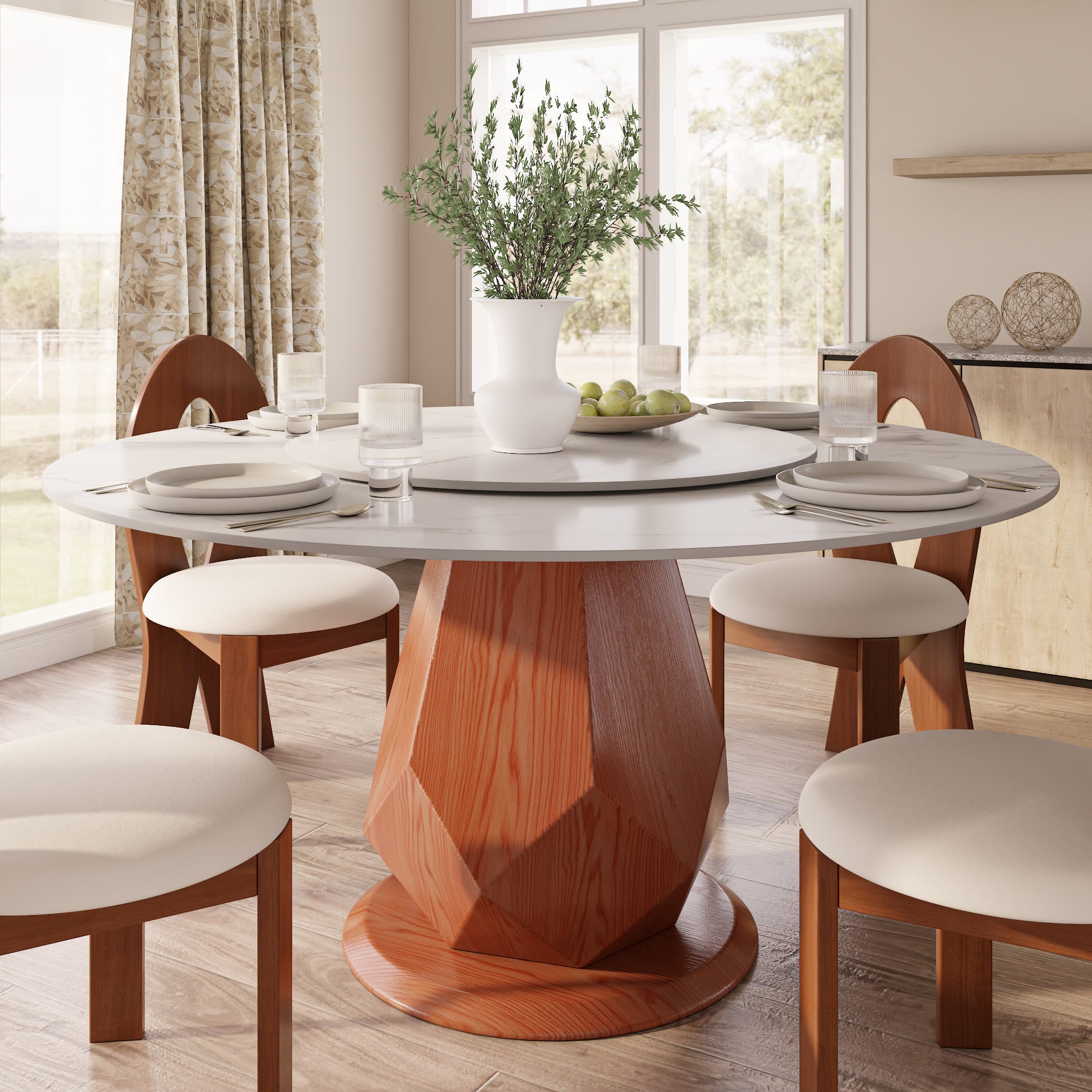 Prisma Red Walnut Solid Wood Geometric Pedestal Round Dining Table  - Snowy White - 59" Table - with Lazy Susan - image 28
