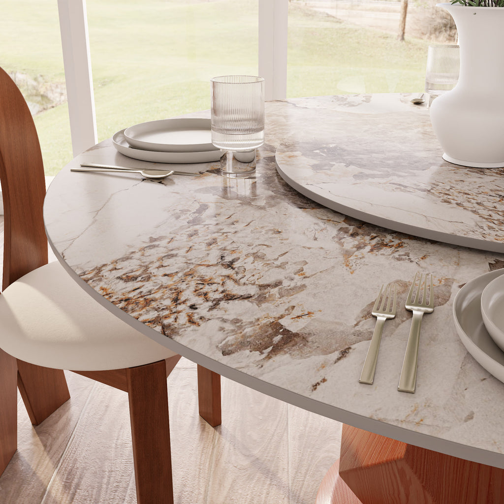 Prisma Red Walnut Solid Wood Geometric Pedestal Round Dining Table  - image 39