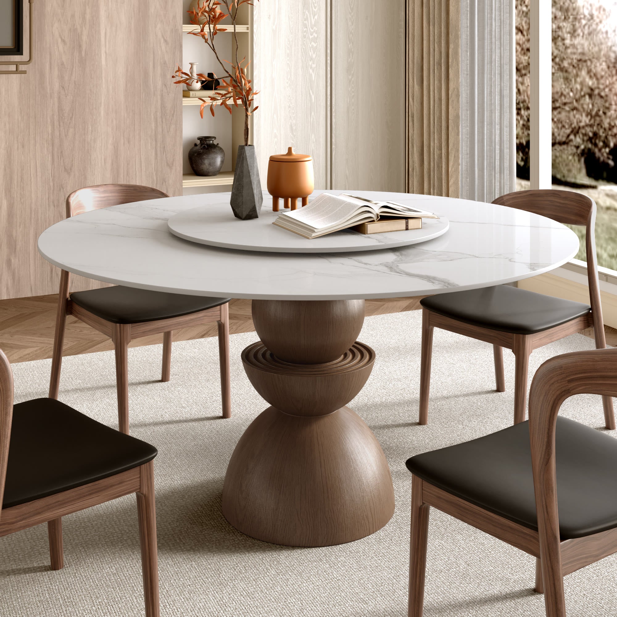 Mira Dark Walnut Solid Wood Pedestal Round Dining Table - Snowy White - 59" Table - with Lazy Susan - image 34
