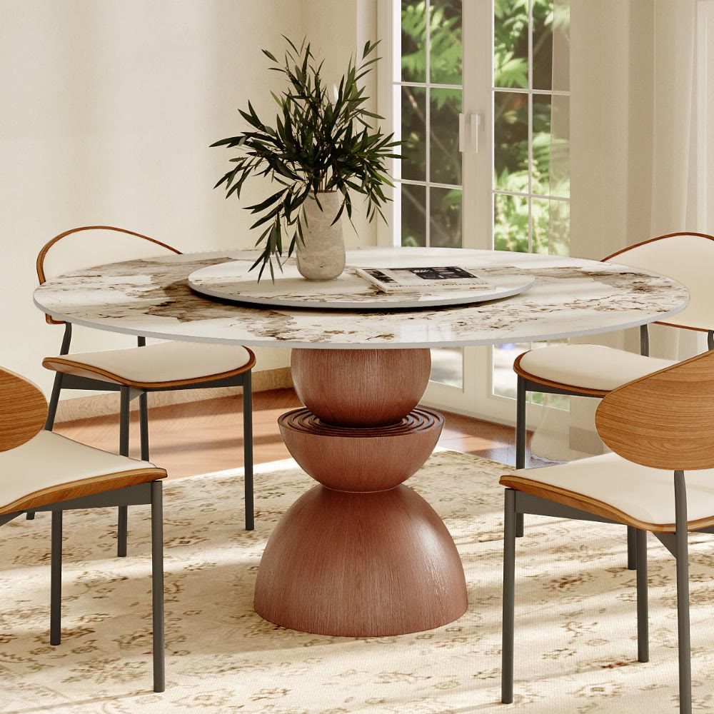 Mira Red Walnut Solid Wood Pedestal Round Dining Table - Pandora - 59" Table - with Lazy Susan - image 26