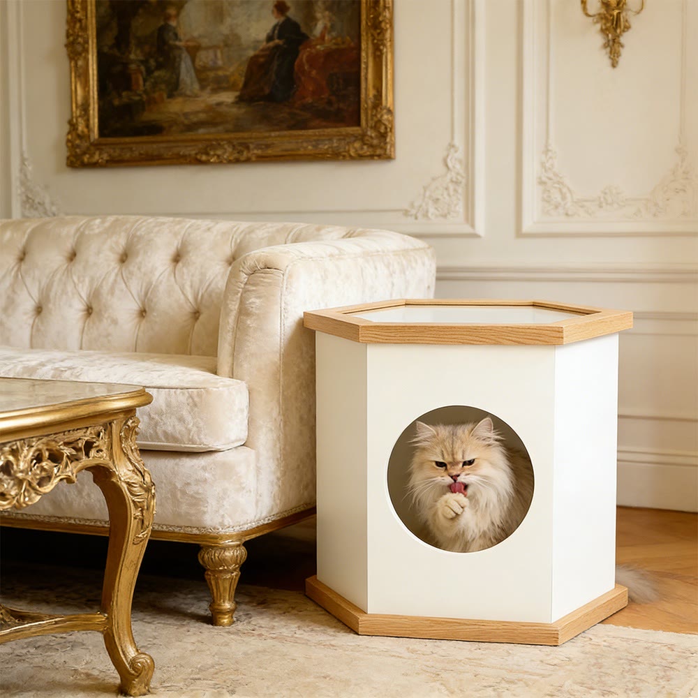 22" Playful Solid Wood Cat Litter Box Enclosure Furniture With High-Quality Glass Desktop - image 7
