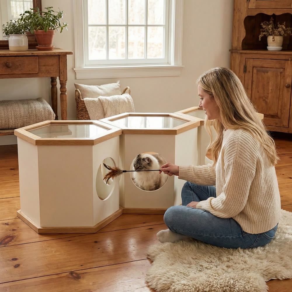 22" Playful Solid Wood Cat Litter Box Enclosure Furniture With High-Quality Glass Desktop - image 3