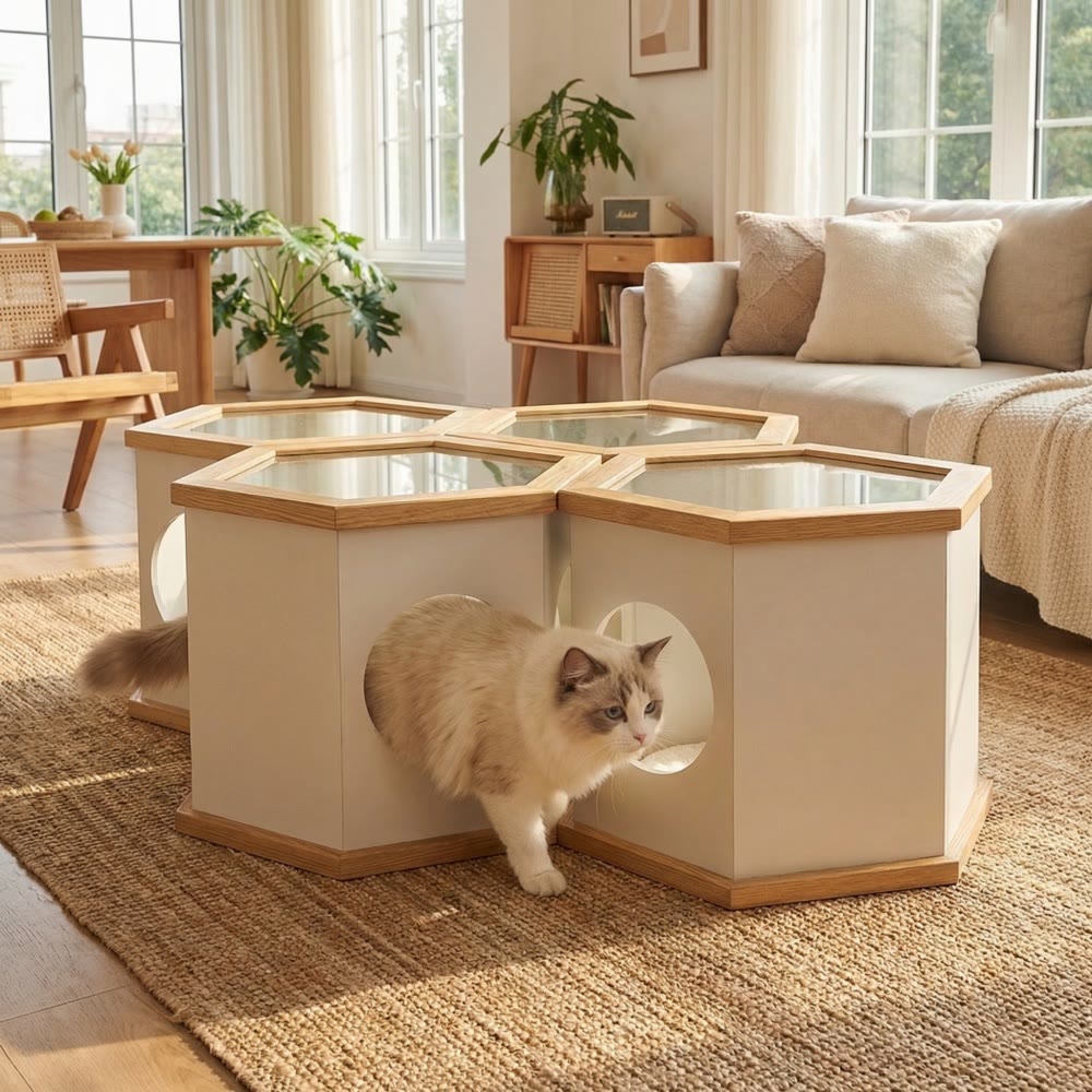 22" Playful Solid Wood Cat Litter Box Enclosure Furniture With High-Quality Glass Desktop - image 1