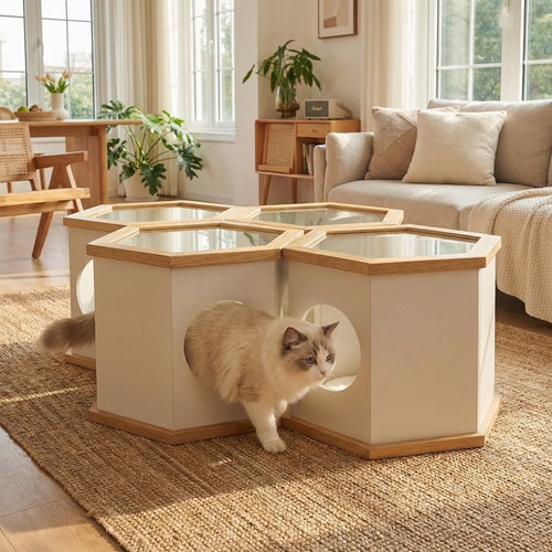 22" Playful Solid Wood Cat Litter Box Enclosure Furniture With High-Quality Glass Desktop - image 1