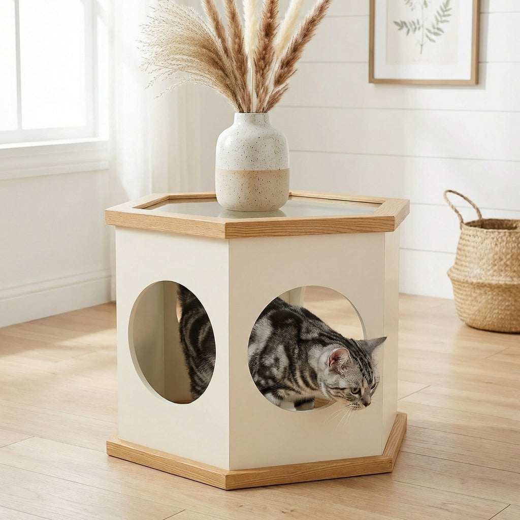 22" Playful Solid Wood Cat Litter Box Enclosure Furniture With High-Quality Glass Desktop - image 9