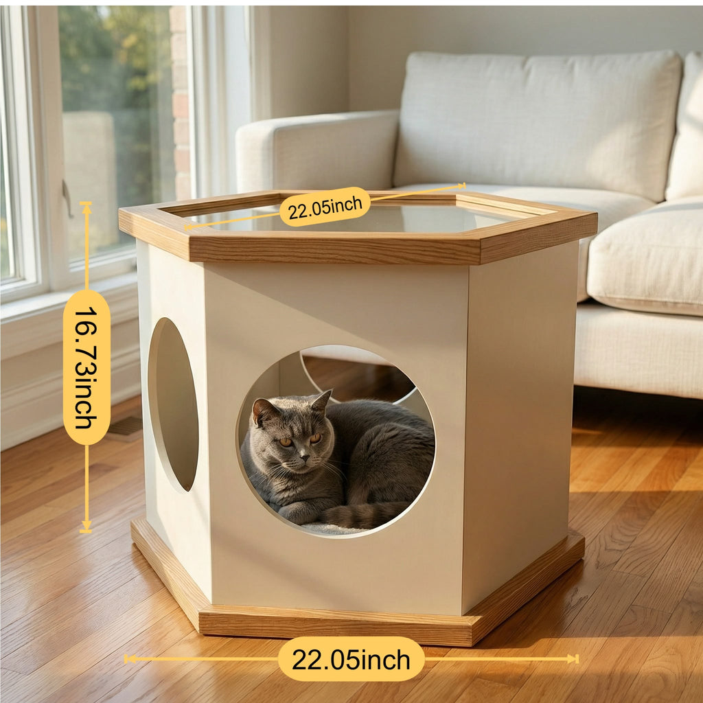 22" Playful Solid Wood Cat Litter Box Enclosure Furniture With High-Quality Glass Desktop - image 10