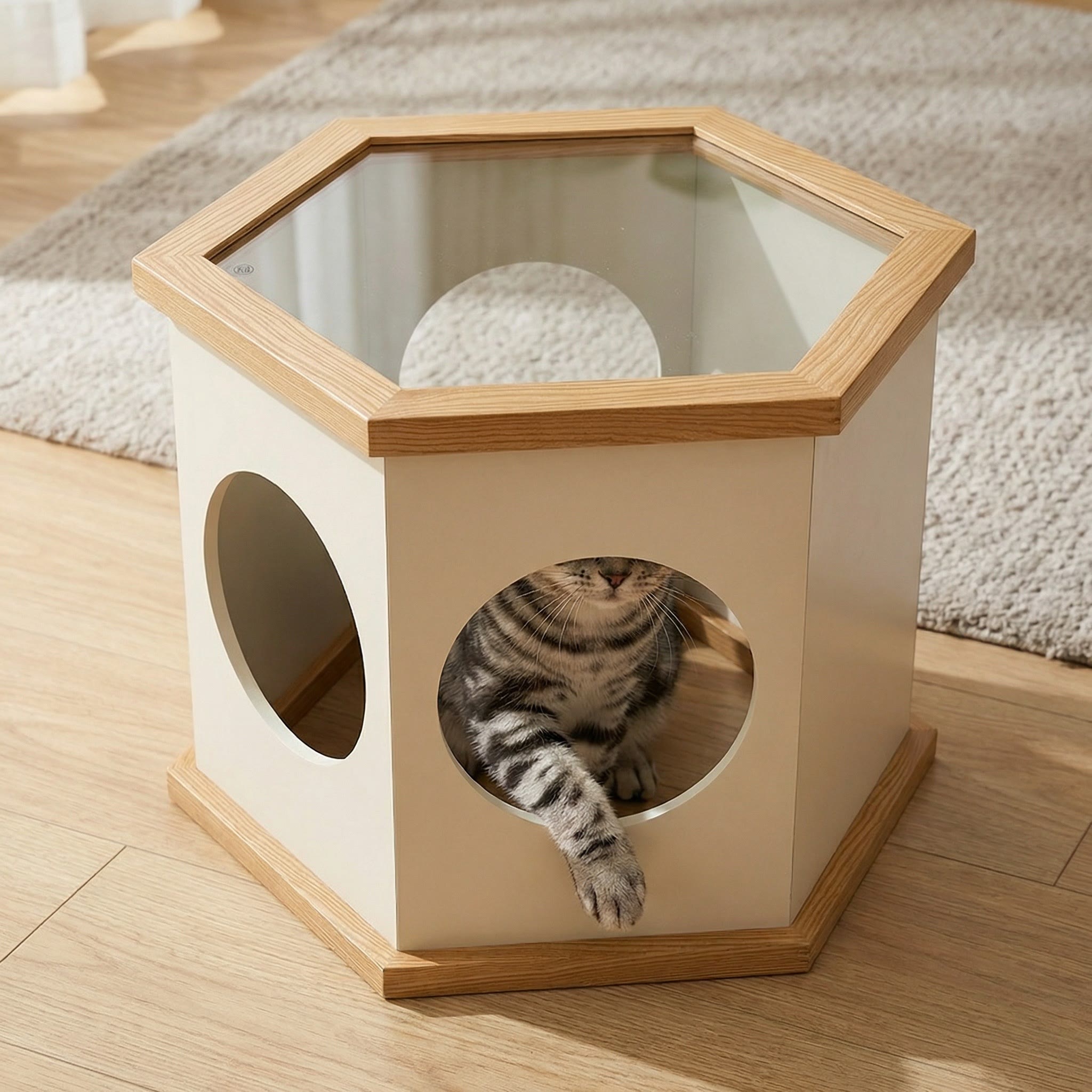 22" Playful Solid Wood Cat Litter Box Enclosure Furniture With High-Quality Glass Desktop - image 4