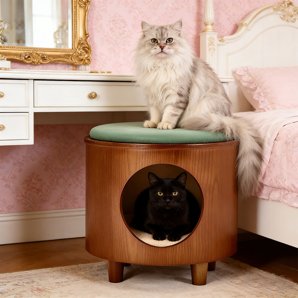 Mid-Century Solid Wood Enclosed Cats Beds & Portable Kitty House with Removable Washable Cushion, Multifunctional Pet-Friendly Stool Furniture, Minimal Installation For Living Room, Bedroom, Home Decor & Gift - Brown - image 0