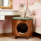 Solid Wood Enclosed Cats Beds & Portable Kitty House with Removable Washable Cushion - Brown - image 0