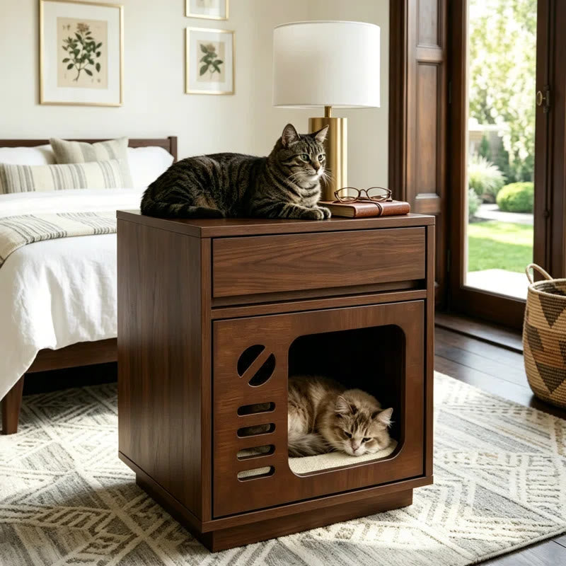 Solid Wood Cat Bed & Nightstand with Drawer - Fully Assembled, Odor-Locking Ventilation, Pet-Safe Furniture-Grade Cat Beds - Brown - image 0