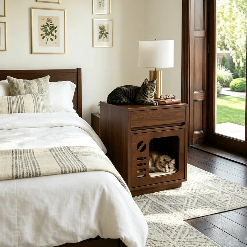 Solid Wood Cat Bed & Nightstand with Drawer - Fully Assembled, Odor-Locking Ventilation, Pet-Safe Furniture-Grade Cat Beds - image 1