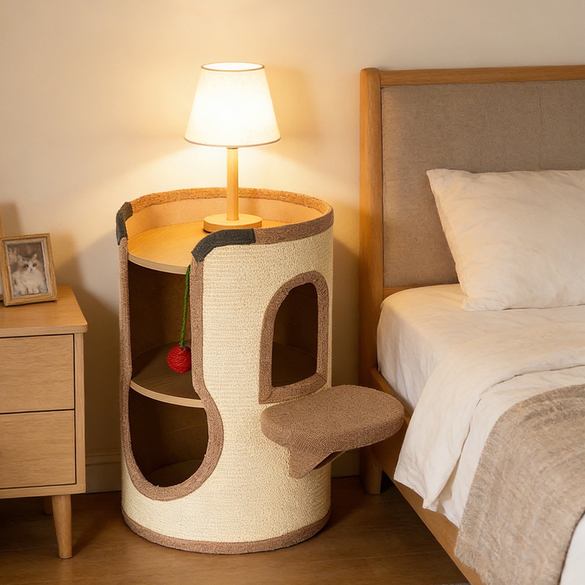 Sisal Wooden Cat Tree & Pet House Combo With Scratching Sisal Board Cat Ball Multifunctional Kitty End Table - image 3