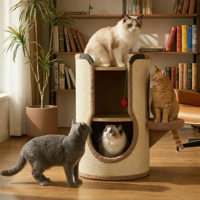 Sisal Wooden Cat Tree & Pet House Combo With Scratching Sisal Board Cat Ball - Beige - image 0