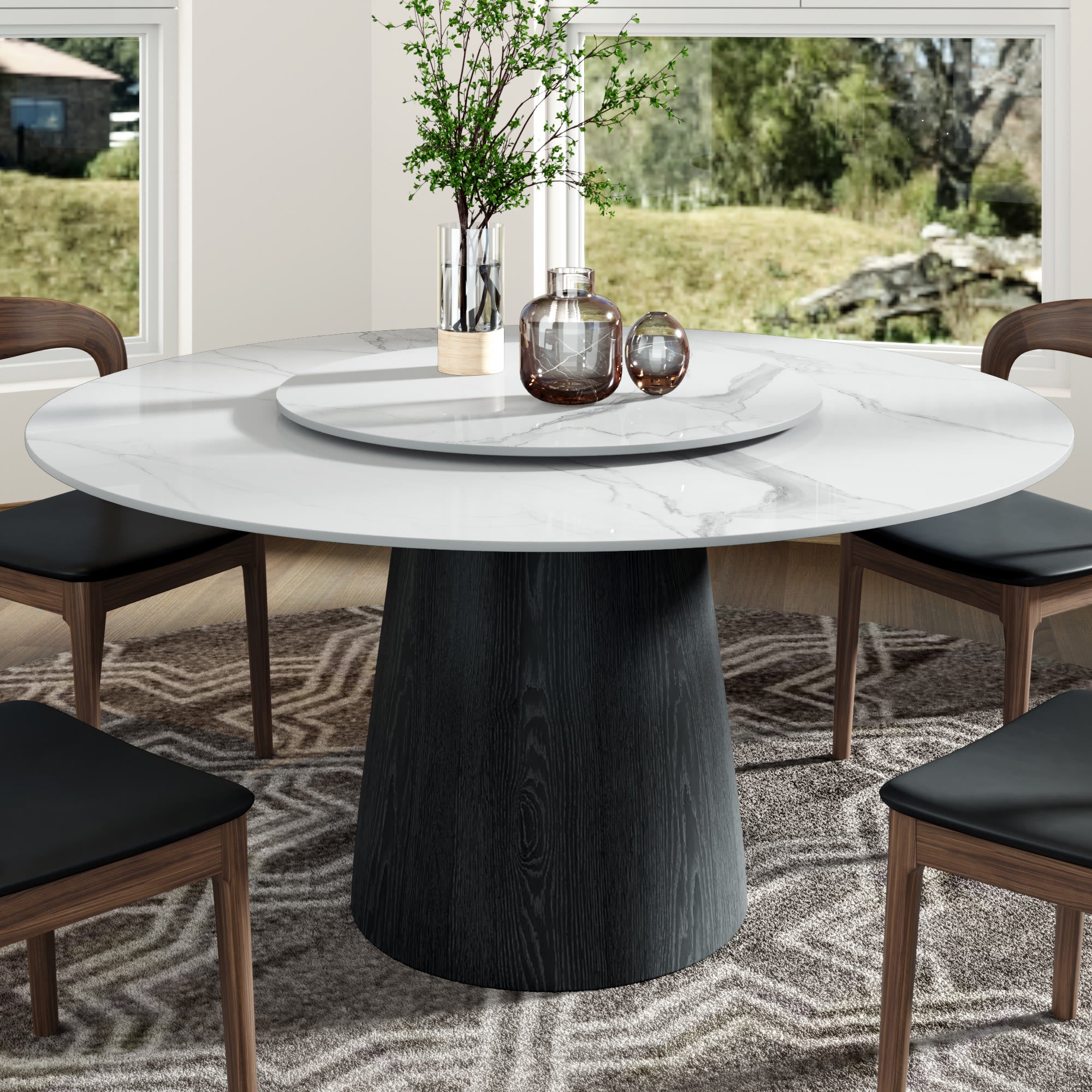 Calen Black Solid Wood Pedestal Round Dining Table  - Snowy White - Removable Lazy Susan - 59" Table - image 50