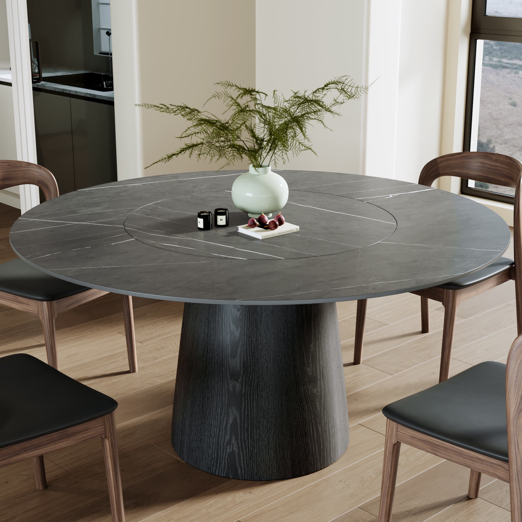 Calen Black Solid Wood Pedestal Round Dining Table  - Gray - Built-in Lazy Susan - 59" Table - image 71