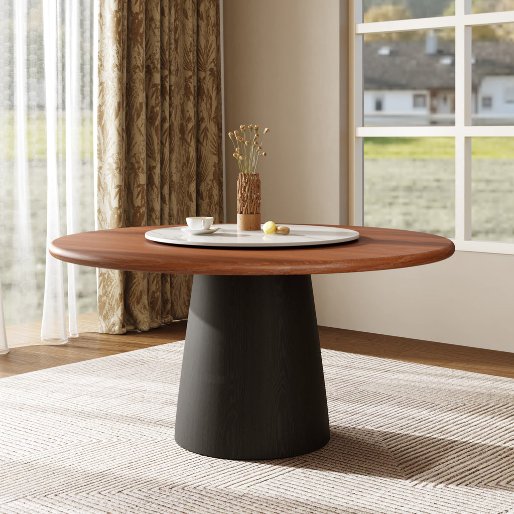 Calen Black Solid Wood Pedestal Round Dining Table  - Walnut - Removable Lazy Susan - 59" Table - image 105
