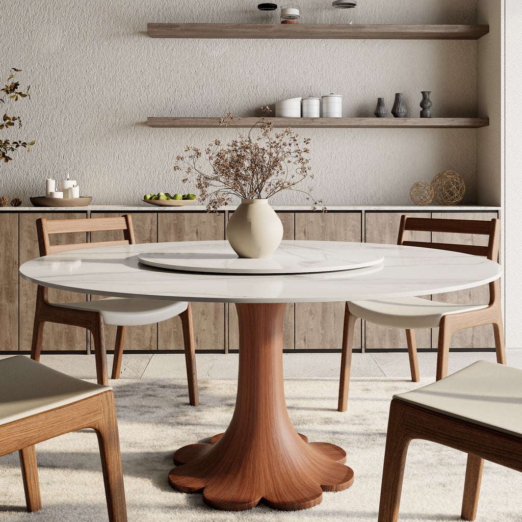 Liora Farmhouse-Style Red Walnut Floral-shape Solid Wood Pedestal Round Dining Table  - Snowy White - with Lazy Susan - 59" Table - image 58