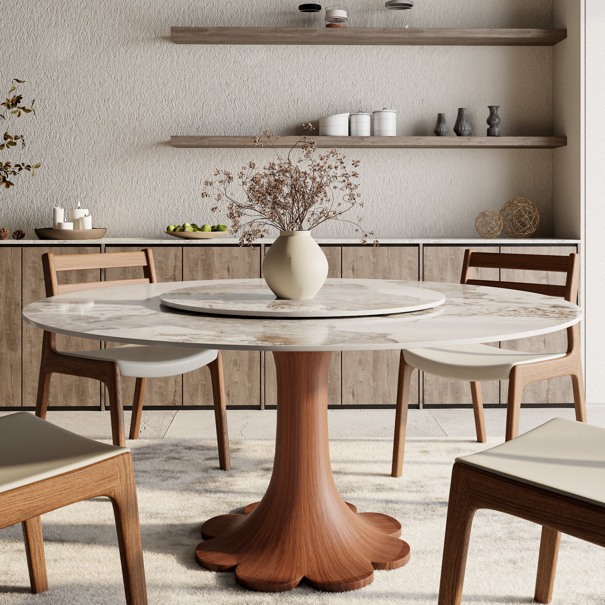 Liora Farmhouse-Style Red Walnut Floral-shape Solid Wood Pedestal Round Dining Table  - Pandora - with Lazy Susan - 59" Table - image 66