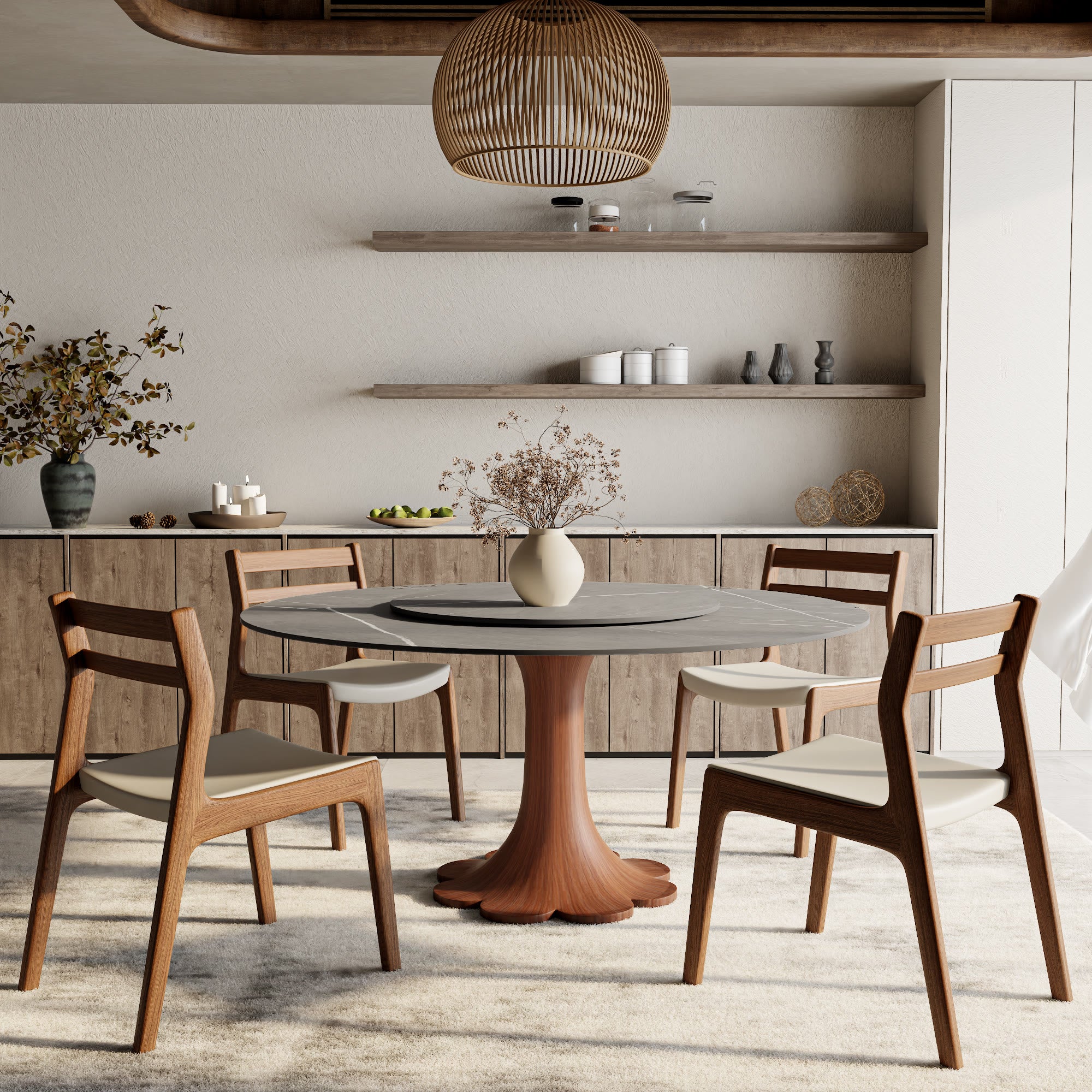 Liora Farmhouse-Style Red Walnut Floral-shape Solid Wood Pedestal Round Dining Table  - image 78