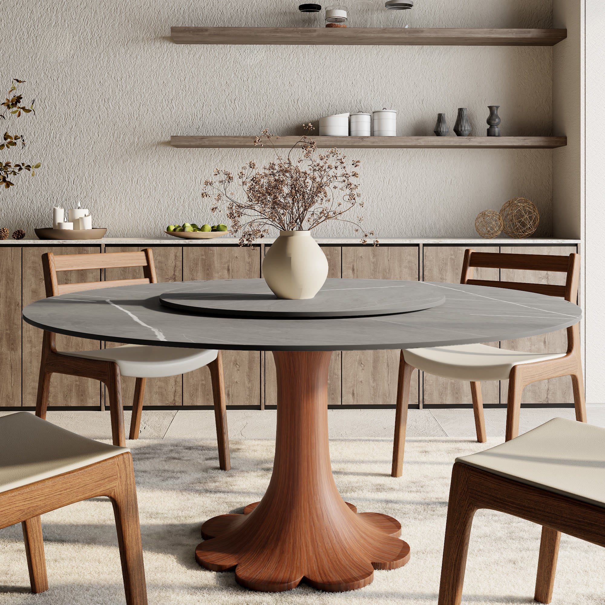 Liora Farmhouse-Style Red Walnut Floral-shape Solid Wood Pedestal Round Dining Table  - Gray - with Lazy Susan - 59" Table - image 74