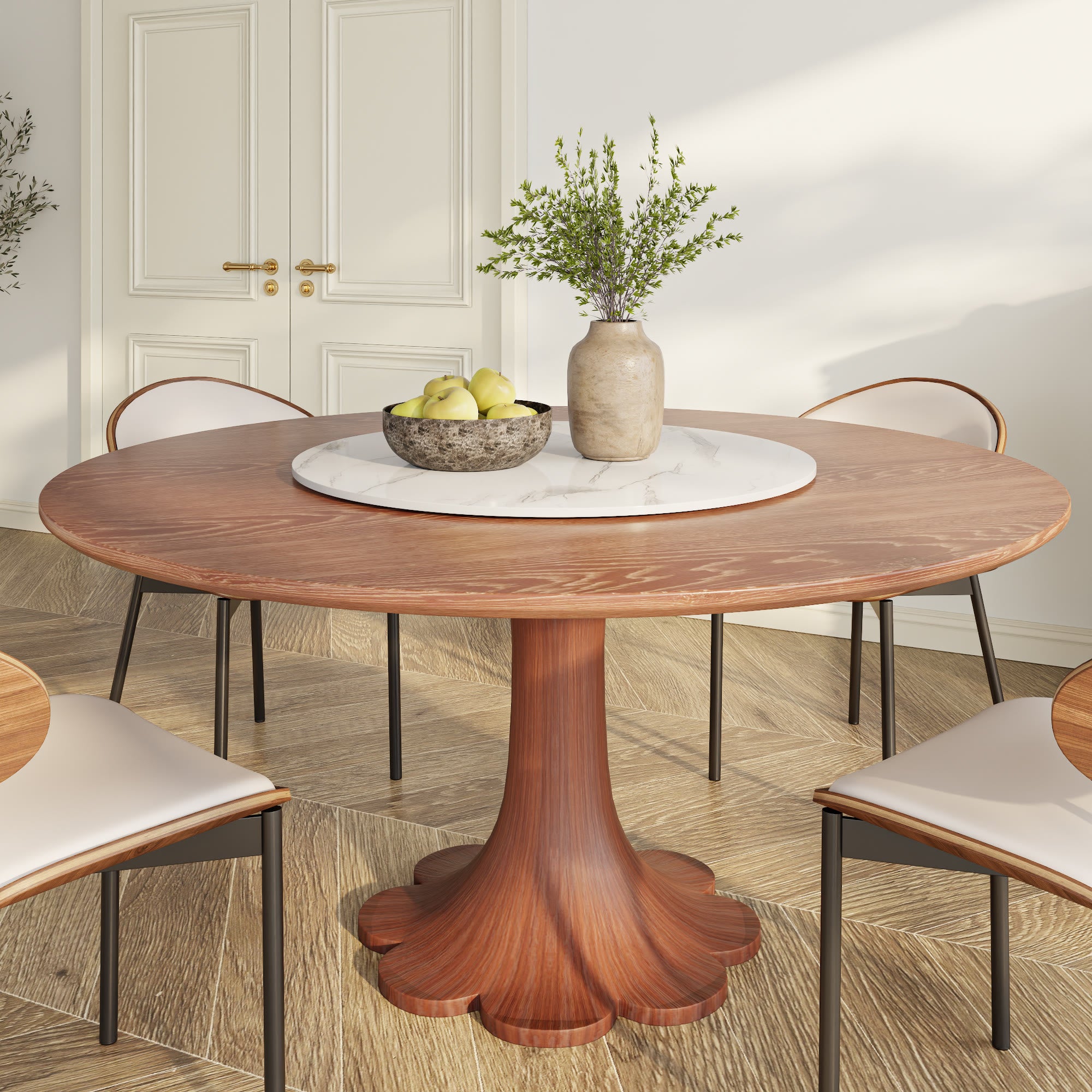 Liora Farmhouse-Style Red Walnut Floral-shape Solid Wood Pedestal Round Dining Table  - Walnut with Snowy White - with Lazy Susan - 59" Table - image 82