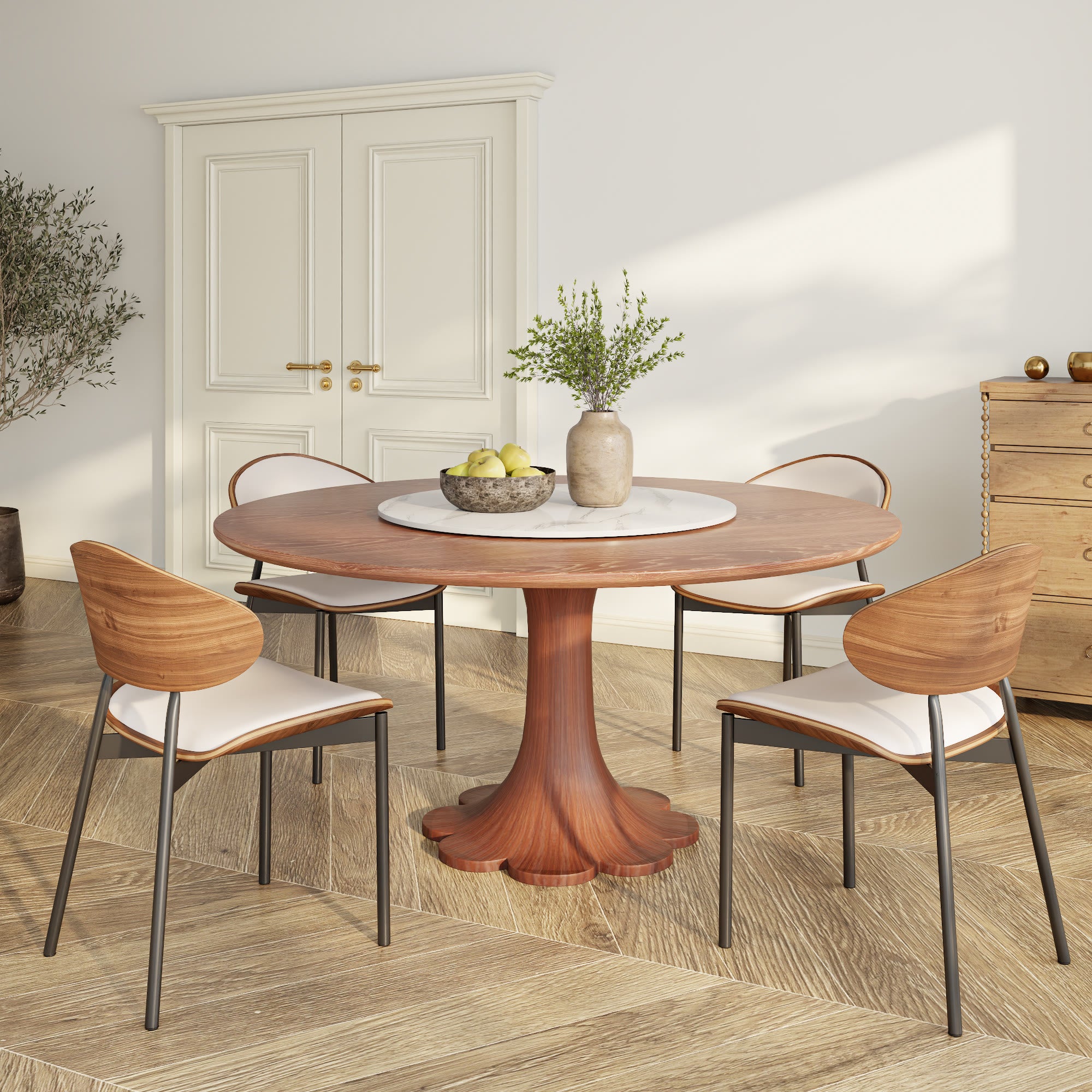 Liora Farmhouse-Style Red Walnut Floral-shape Solid Wood Pedestal Round Dining Table  - image 85
