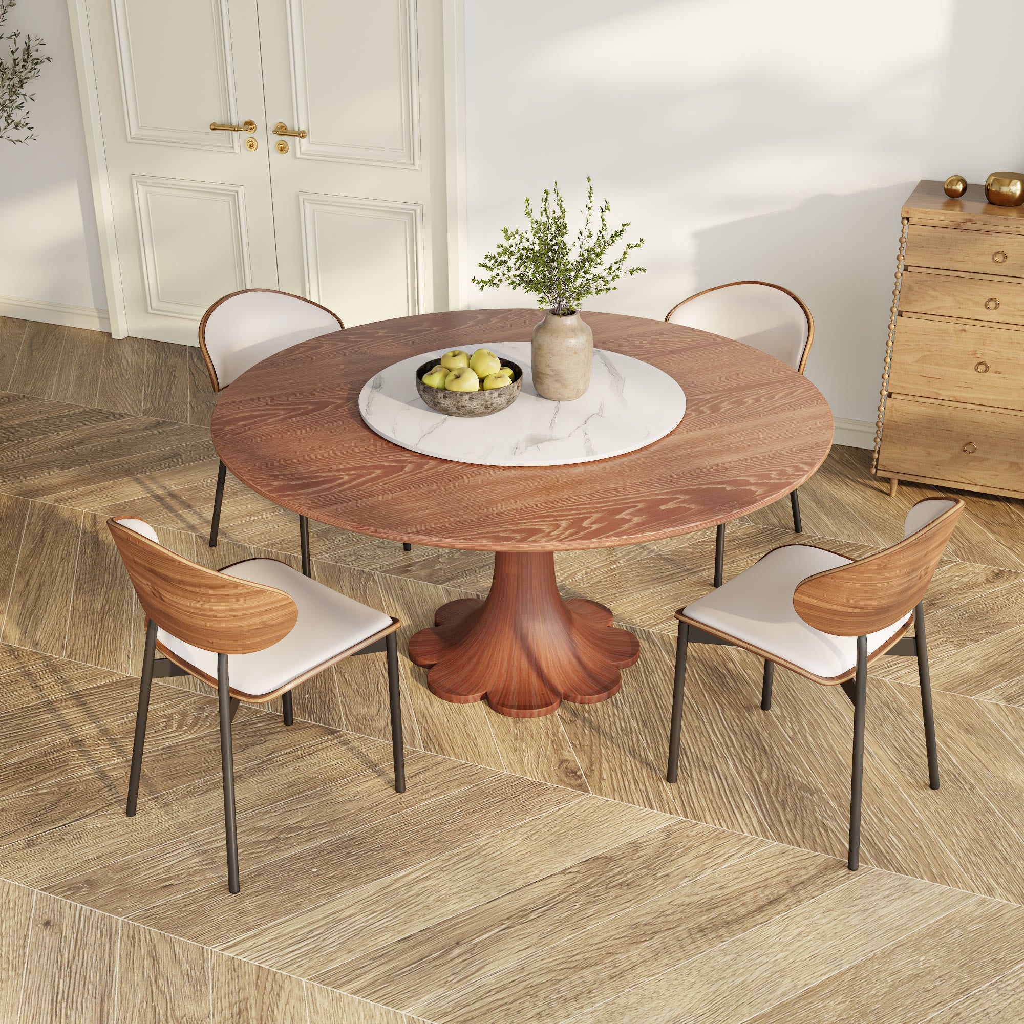 Liora Farmhouse-Style Red Walnut Floral-shape Solid Wood Pedestal Round Dining Table  - image 86