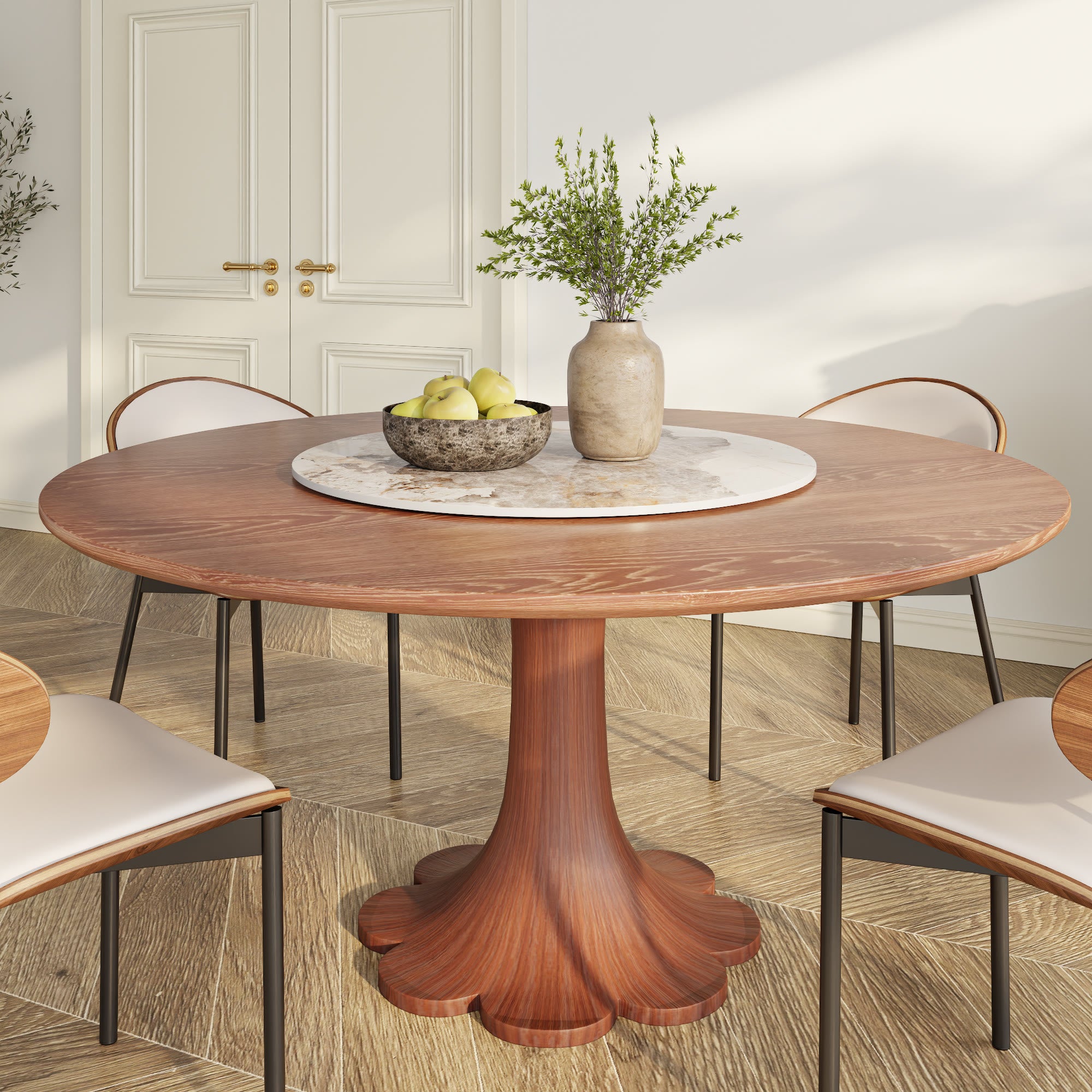 Liora Farmhouse-Style Red Walnut Floral-shape Solid Wood Pedestal Round Dining Table  - Walnut with Pandora - with Lazy Susan - 59" Table - image 91