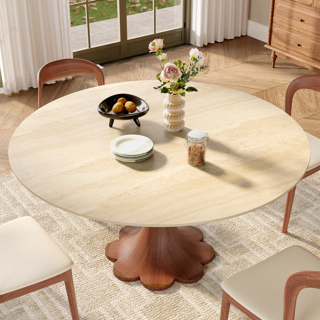 Liora Farmhouse-Style Red Walnut Floral-shape Solid Wood Pedestal Round Dining Table  - image 51