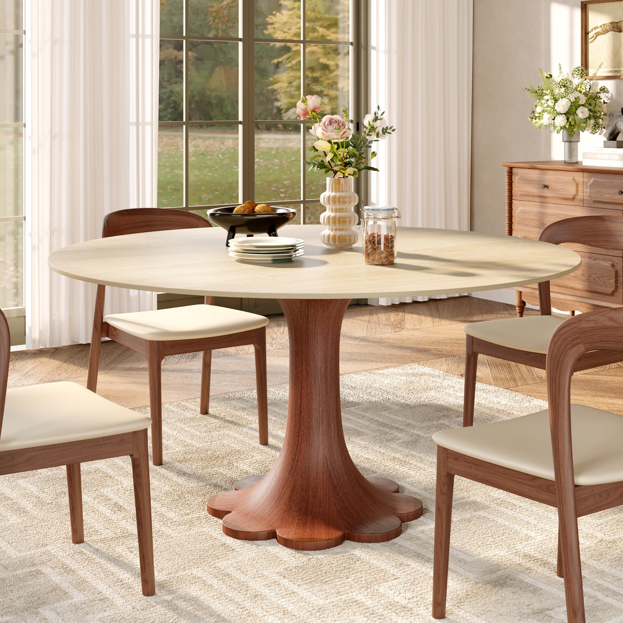 Liora Farmhouse-Style Red Walnut Floral-shape Solid Wood Pedestal Round Dining Table  - Travertine - without Lazy Susan - 59" Table - image 48