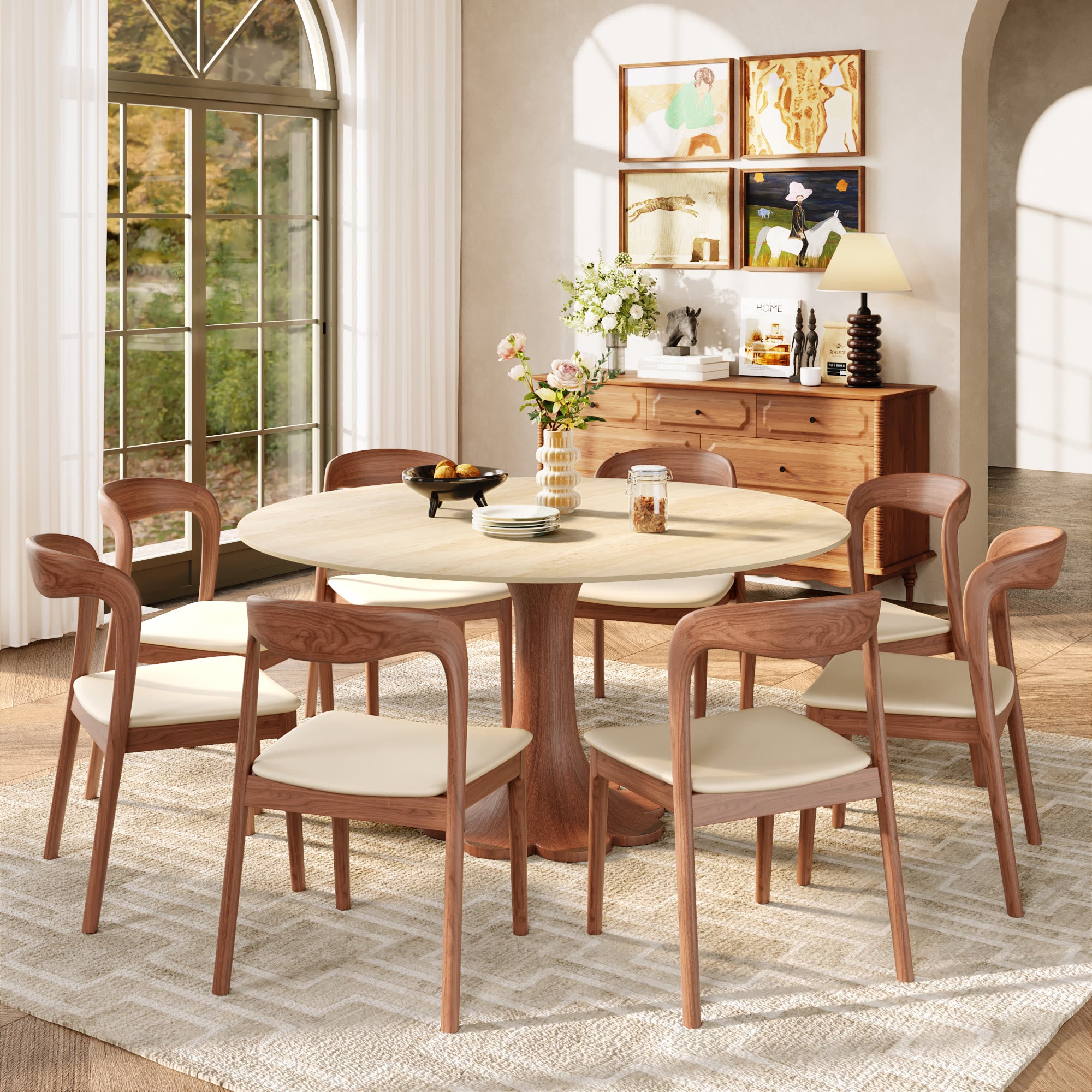 Liora Farmhouse-Style Red Walnut Floral-shape Solid Wood Pedestal Round Dining Table  - image 53