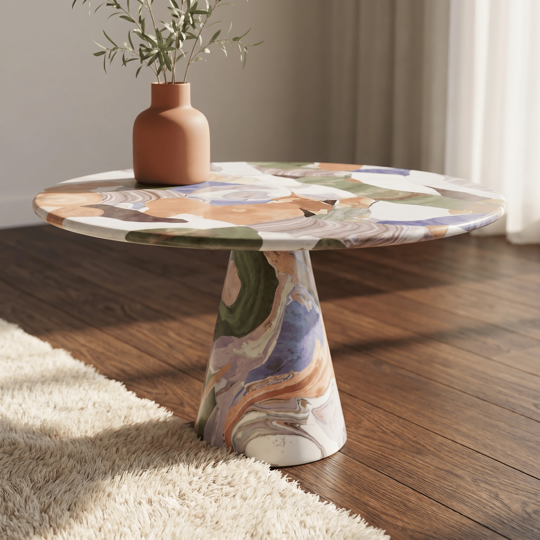 Hand-Painted Artistic Solid Wood Round Coffee Table - W31.49" x D31.49" x H15.74" - image 0