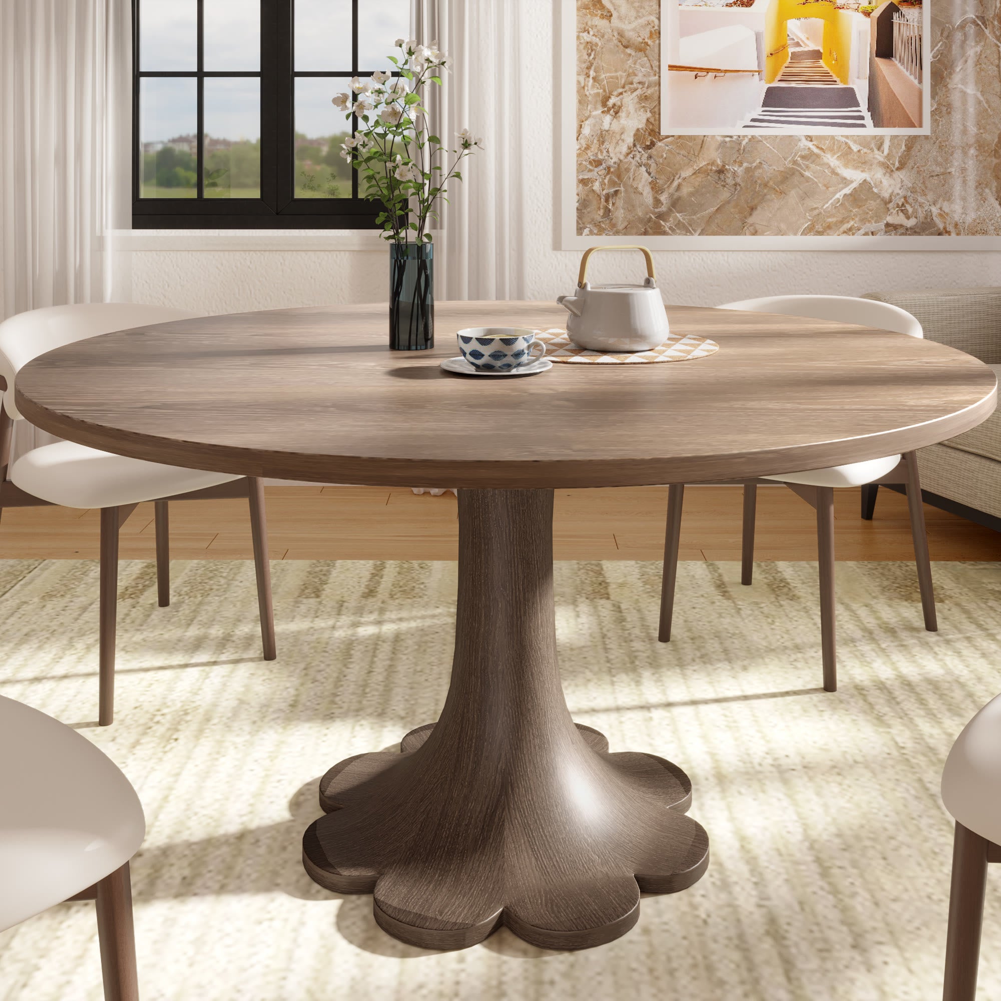 Liora Dark Walnut Round Solid Wood Pedestal Dining Table  - Wanlut - without Lazy Susan - 59" Table - image 11