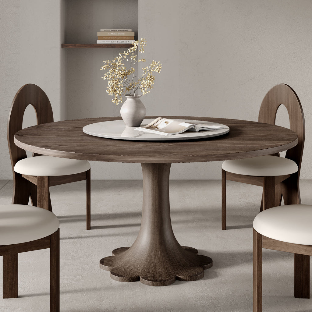 Liora Dark Walnut Round Solid Wood Pedestal Dining Table  - Walnut with Snowy White - Removable Lazy Susan - 59" Table - image 85