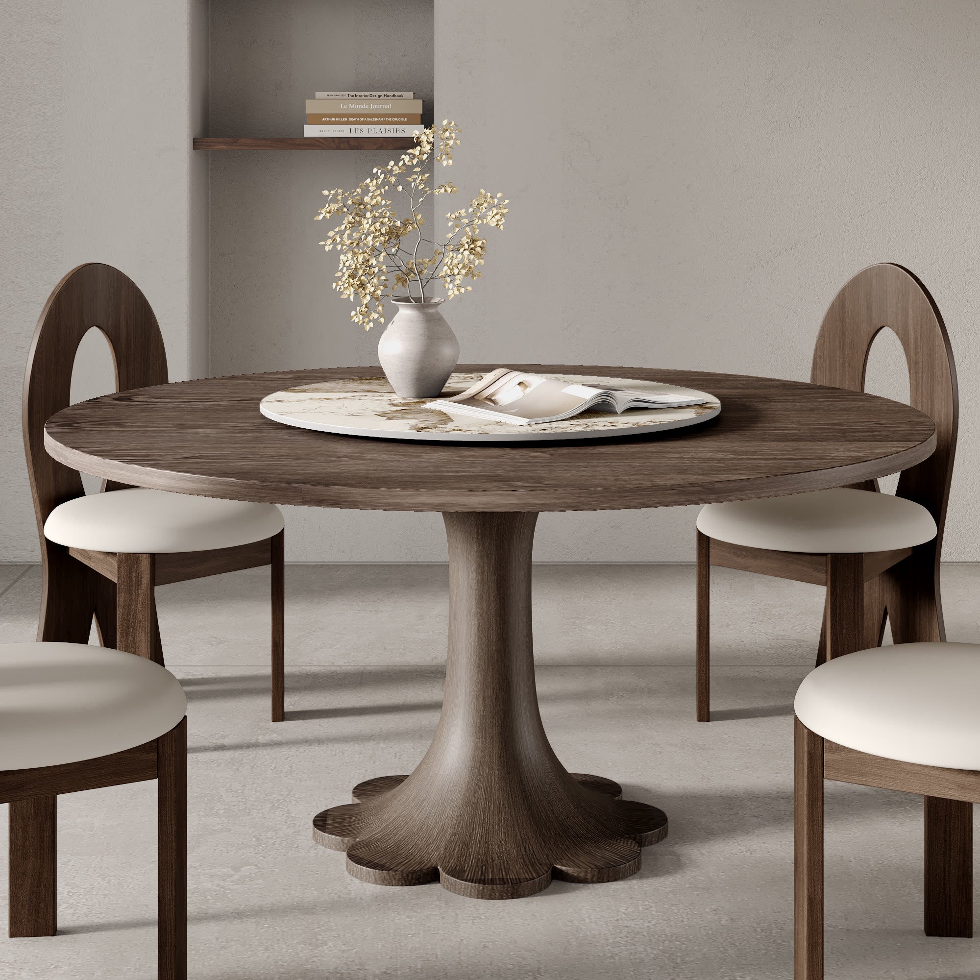 Liora Dark Walnut Round Solid Wood Pedestal Dining Table  - Walnut with Pandora - Removable Lazy Susan - 59" Table - image 94