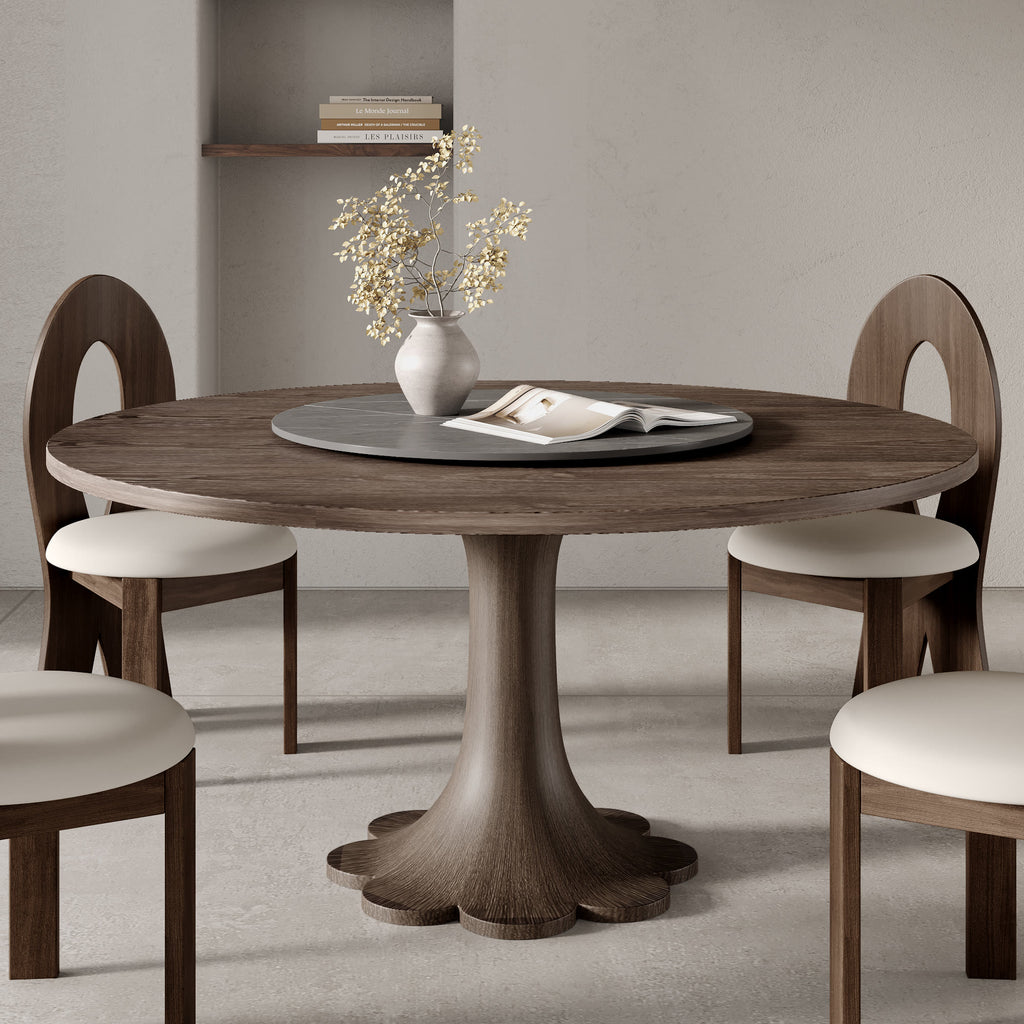 Liora Dark Walnut Round Solid Wood Pedestal Dining Table  - Walnut with Gray - Removable Lazy Susan - 59" Table - image 103