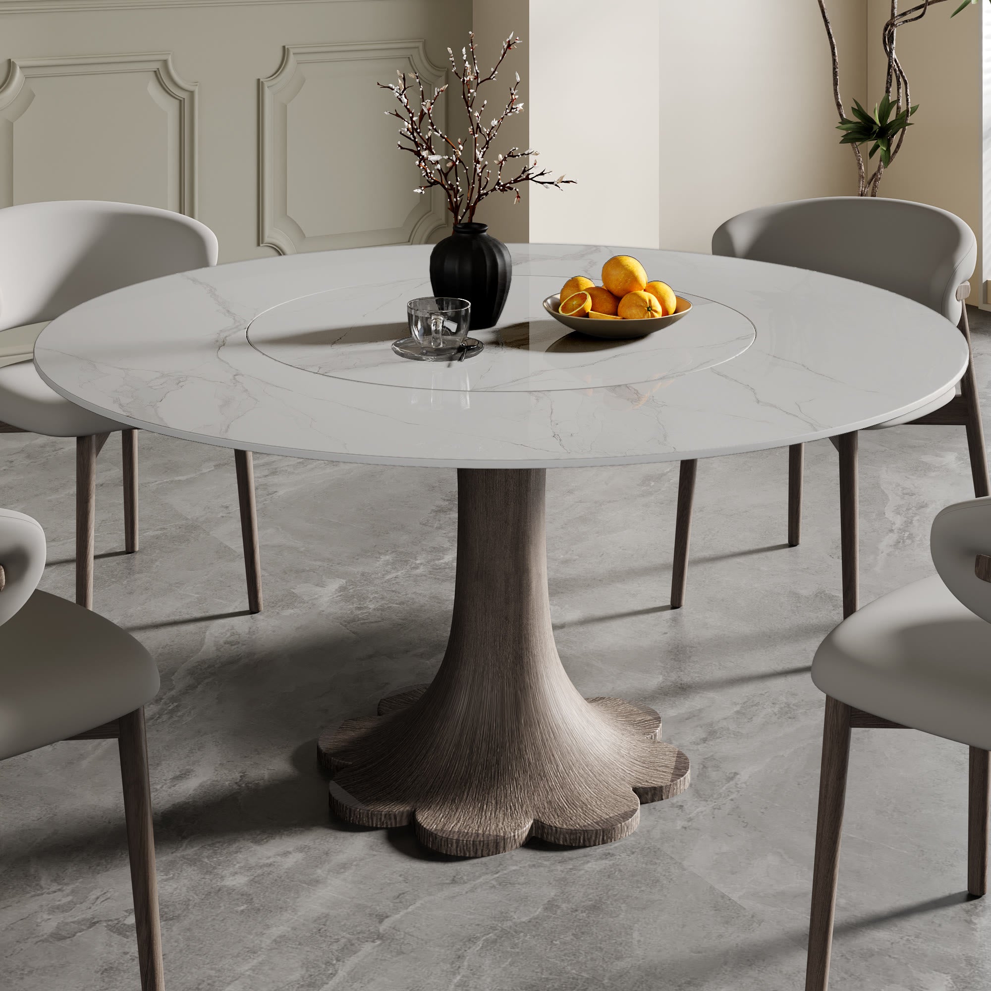 Liora Dark Walnut Round Solid Wood Pedestal Dining Table  - Snowy White - Built-in Lazy Susan - 59" Table - image 118