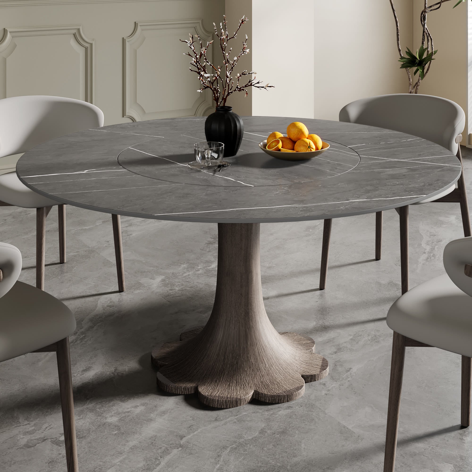 Liora Dark Walnut Round Solid Wood Pedestal Dining Table  - Gray - Built-in Lazy Susan - 59" Table - image 112
