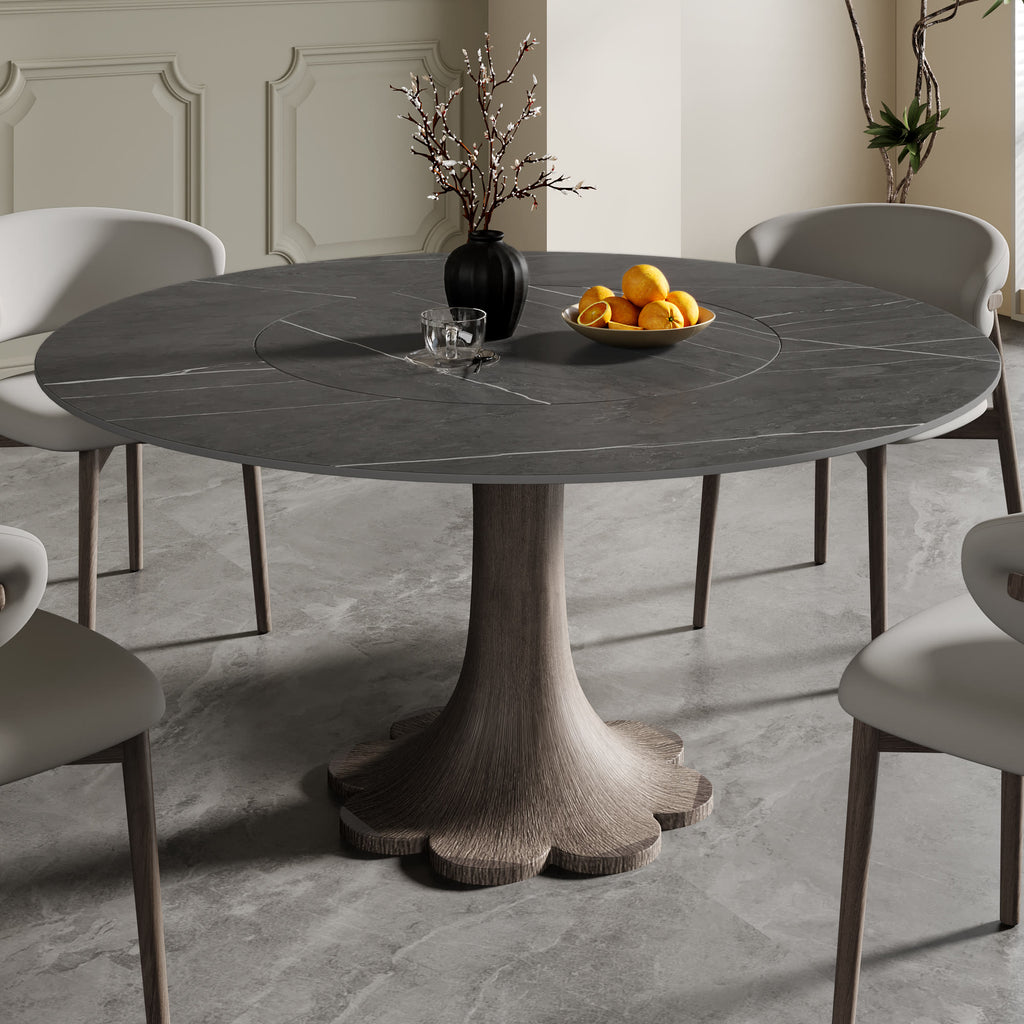 Liora Dark Walnut Round Solid Wood Pedestal Dining Table  - Madrid Gray - Built-in Lazy Susan - 59" Table - image 124