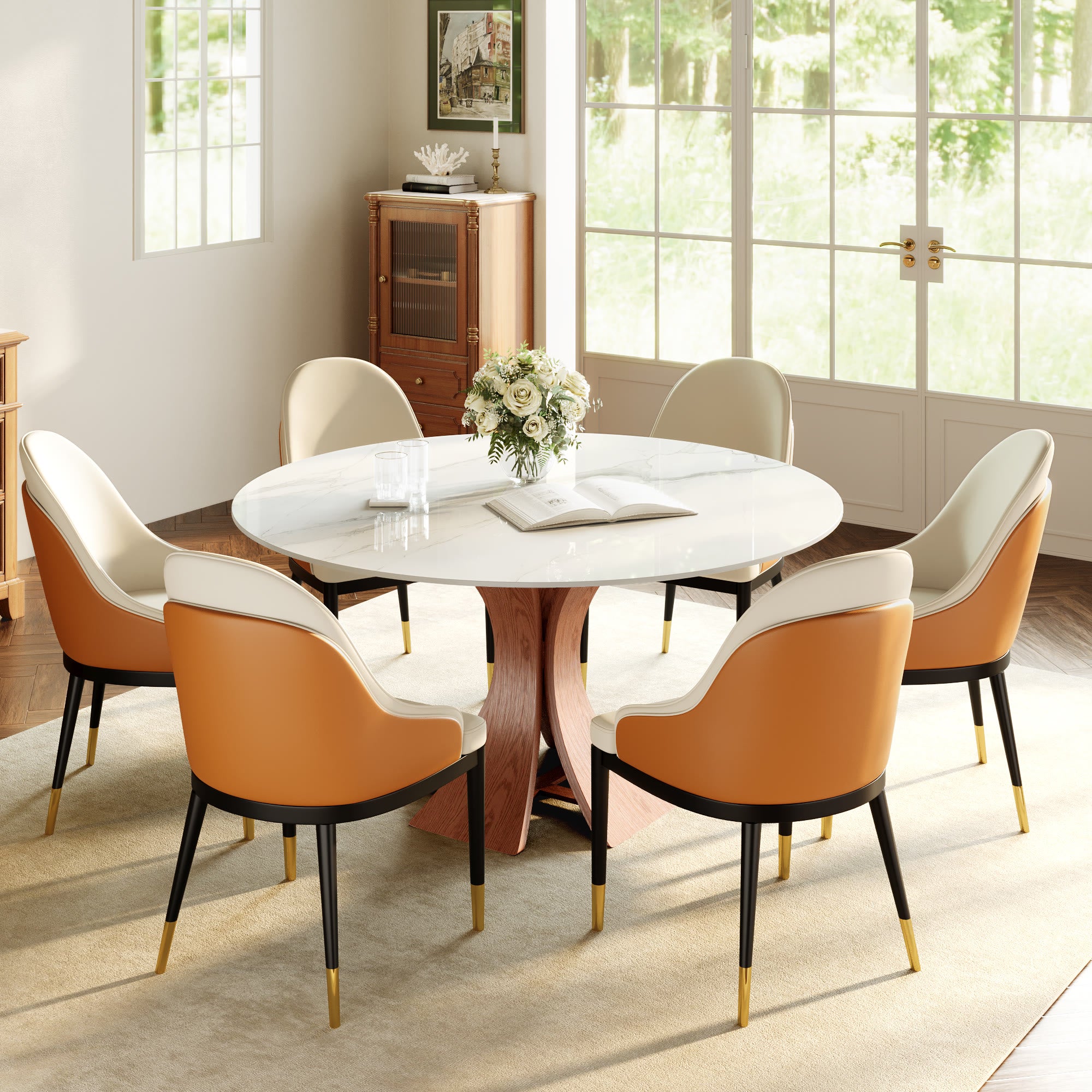 Mid-Century Round Dining Table With Sintered Stone Top & Solid Wood Pedestal Base For 2-8 - image 16